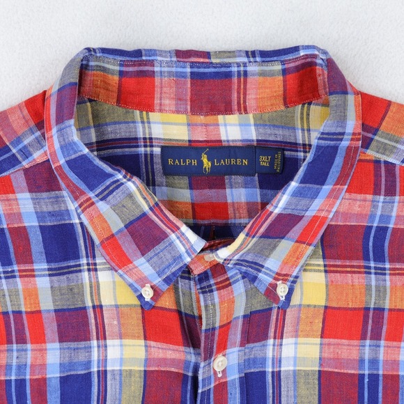 Ralph Lauren Shirt Linen Mens 3XLT Red Blue Yellow Plaid Button-Down - Picture 5 of 10